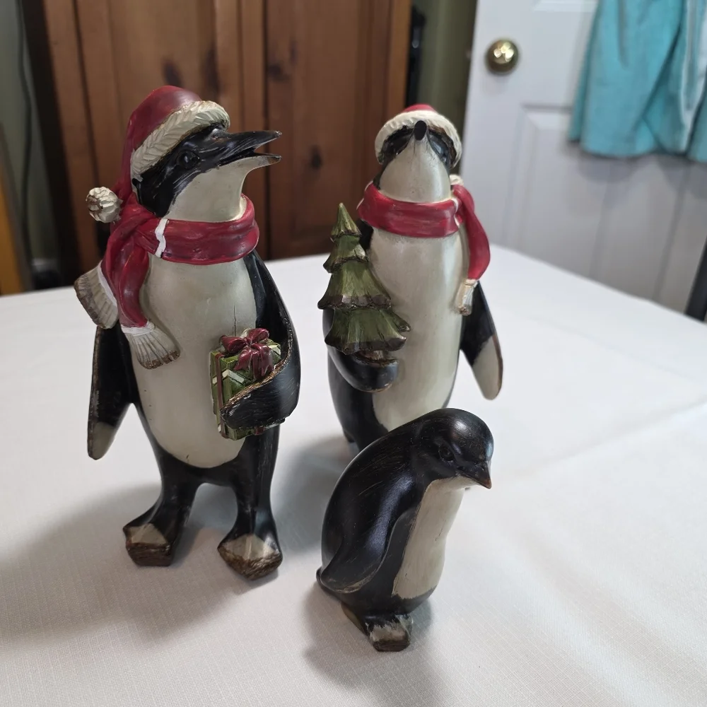 Festive Penguin Figurines with Red Scarves EUC Set Of 3